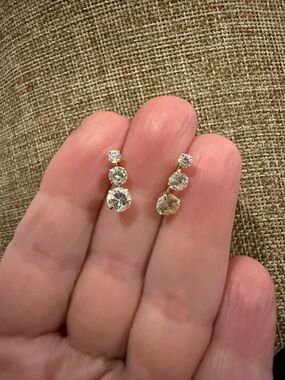 14k Round Cut CZ Diamond Three Stone Drop Earrings